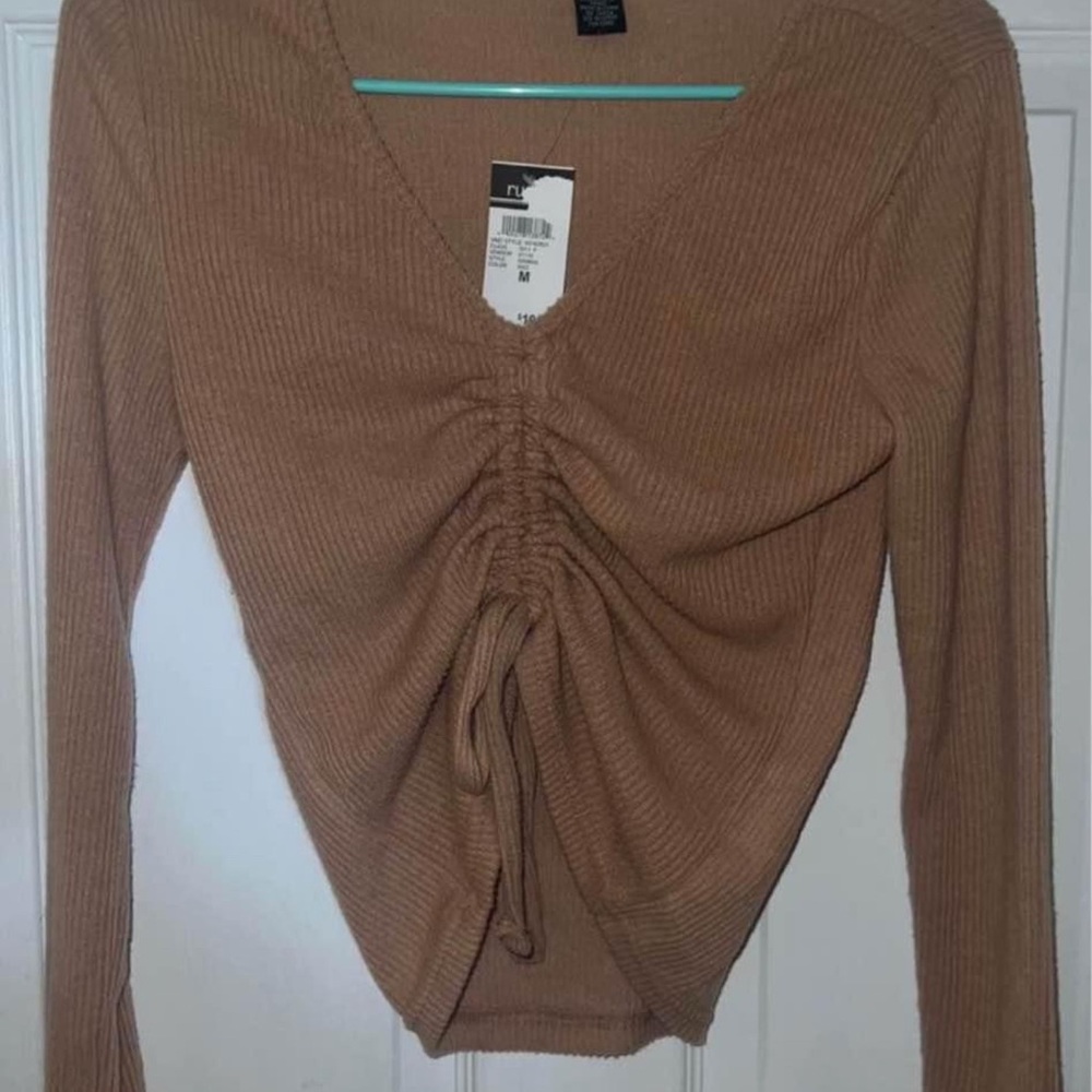 Brown Ruched Tie Front Long Sleeve Blouse